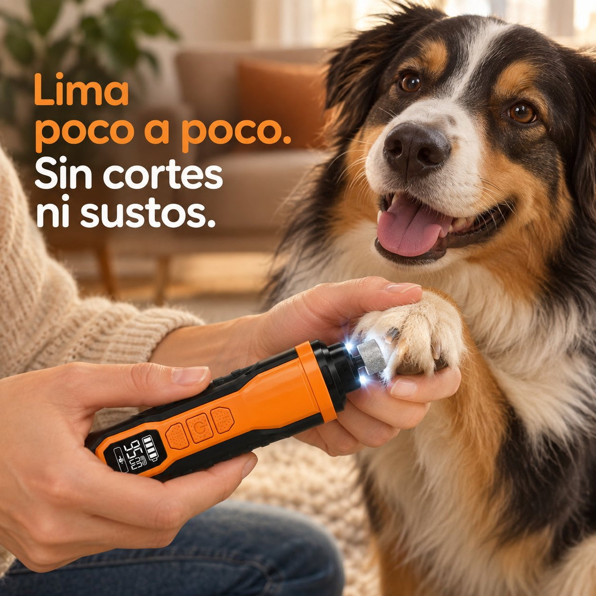 Persona limando las uñas de su perro con la lima eléctrica y luz LED, sin cortes ni sustos