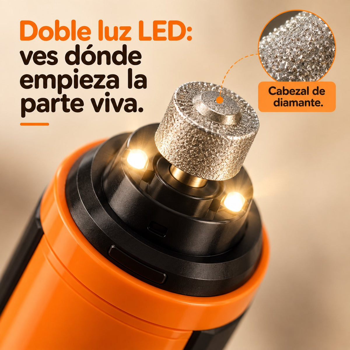 Detalle de la doble luz LED y el cabezal de diamante de la lima de uñas eléctrica
