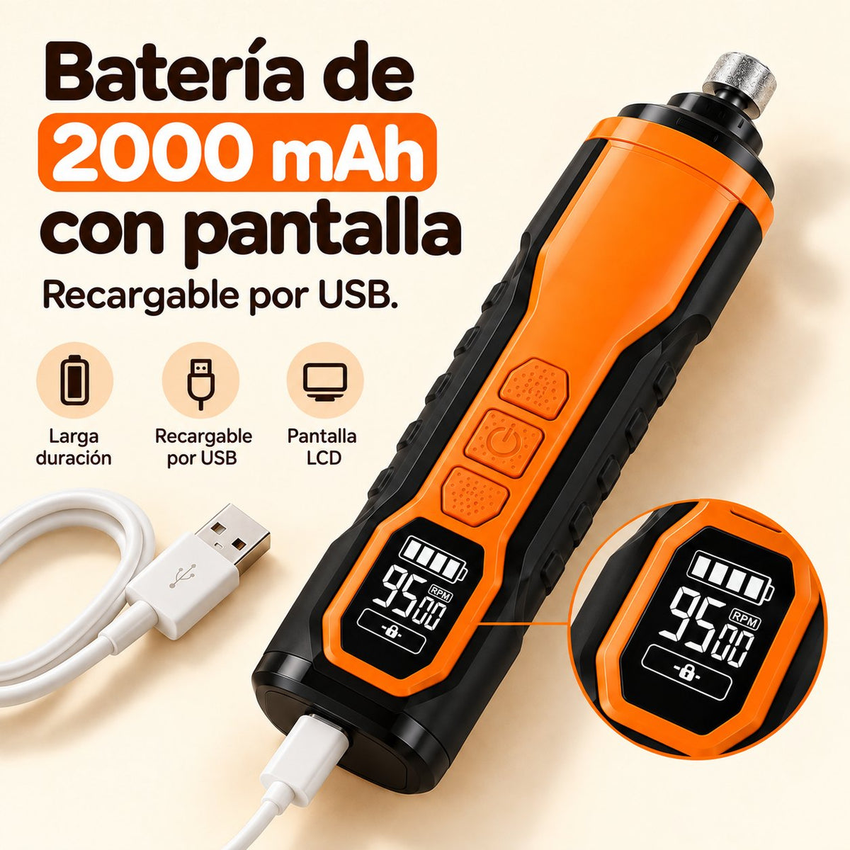 Lima de uñas eléctrica con batería de 2000 mAh, pantalla LCD y carga por USB