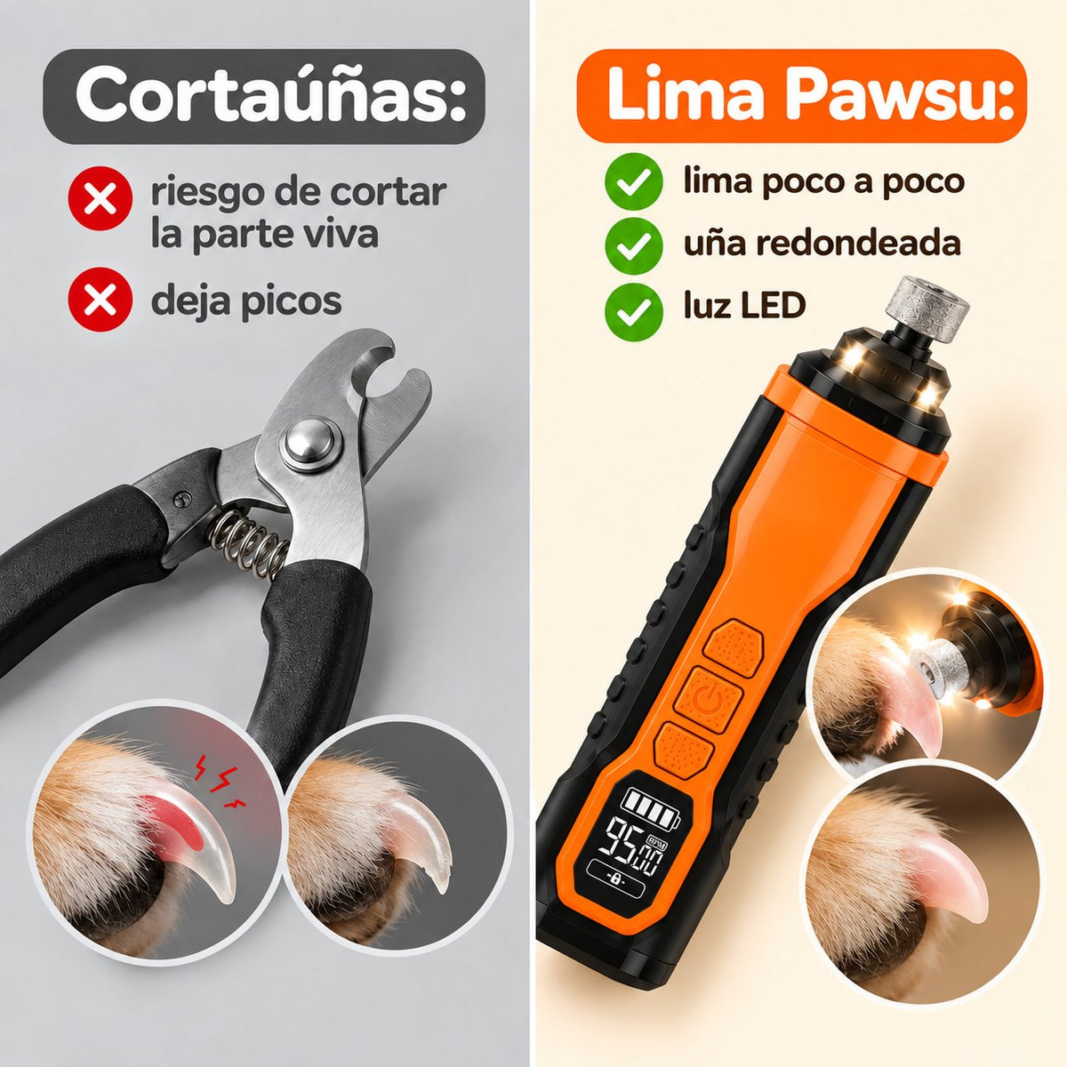 Comparativa cortauñas frente a lima de uñas eléctrica para perros: sin riesgo de cortar la parte viva