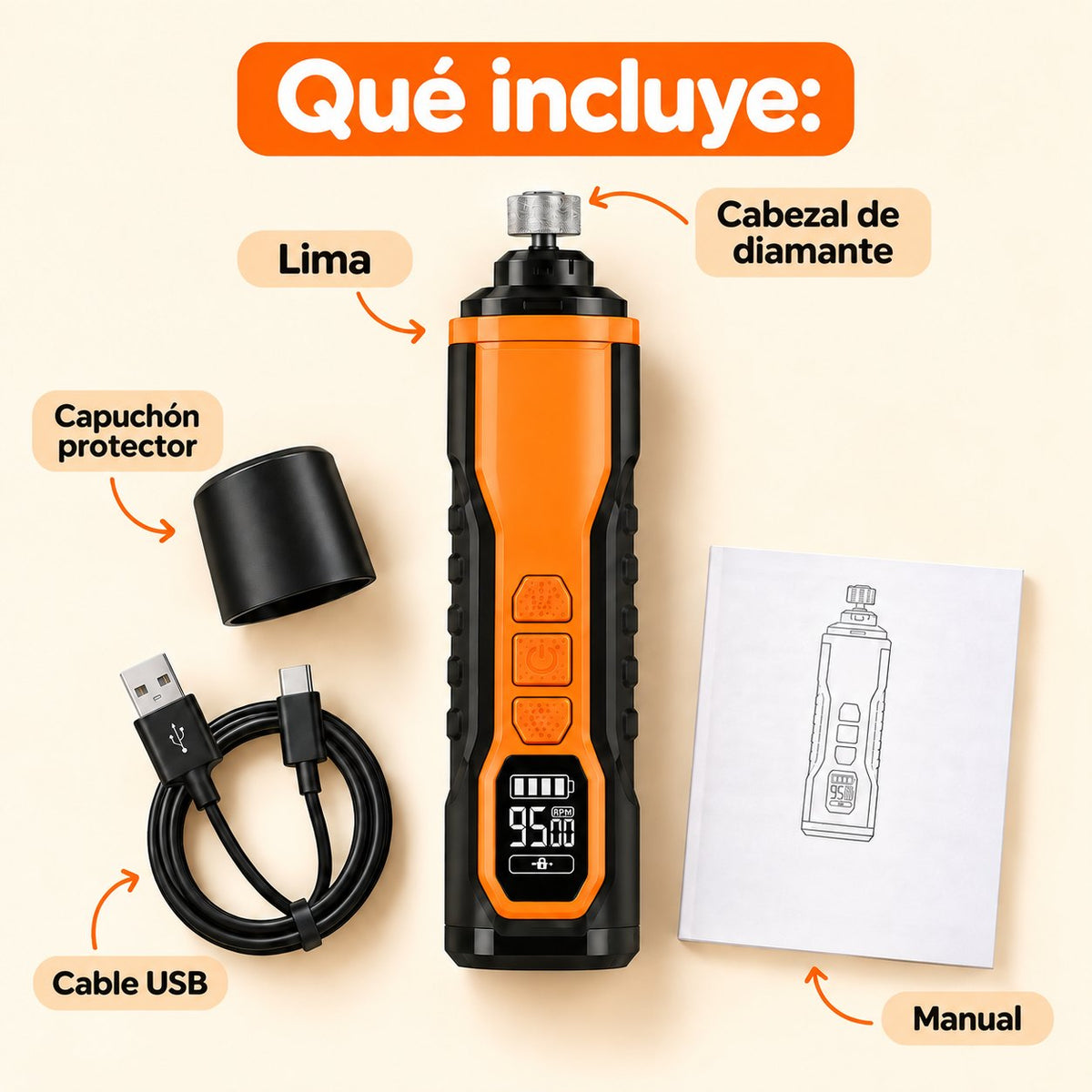Qué incluye la lima de uñas eléctrica: lima con cabezal de diamante, capuchón, cable USB y manual