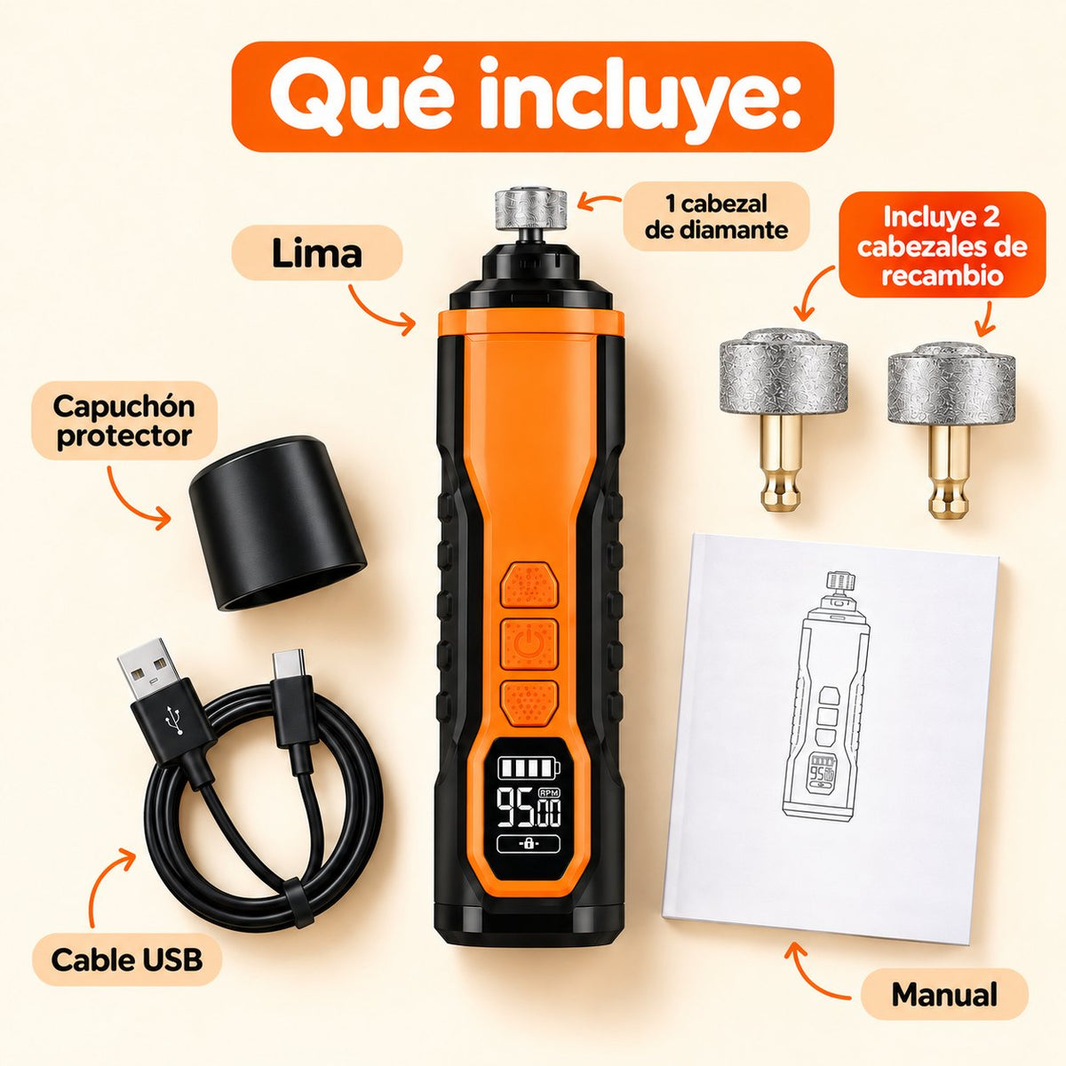 Pack lima de uñas eléctrica con 2 cabezales de diamante de recambio, capuchón, cable USB y manual