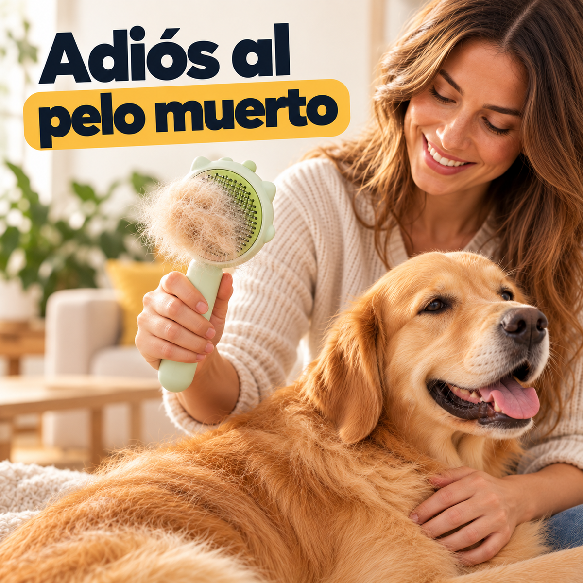 Persona cepillando a su perro con el cepillo quitapelos autolimpiable para quitar el pelo muerto