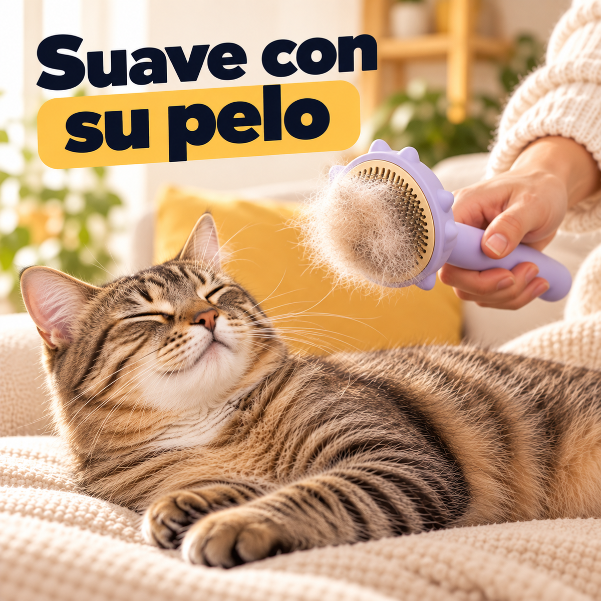 Gato relajado mientras lo cepillan con el cepillo quitapelos autolimpiable morado