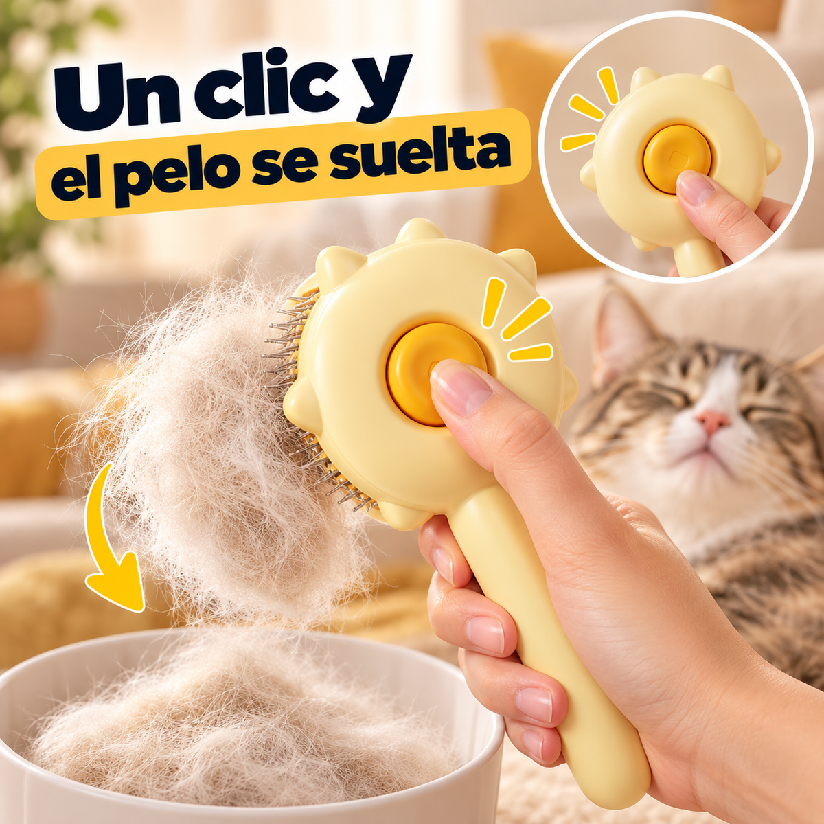 Cepillo autolimpiable amarillo: al pulsar el botón el pelo se suelta de una vez
