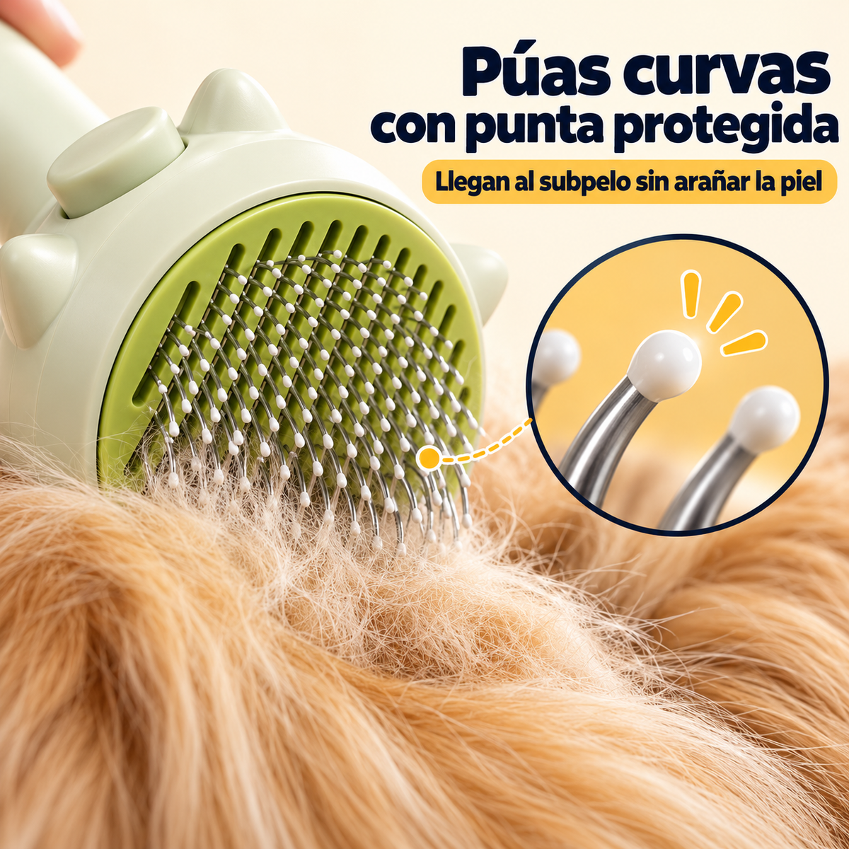 Púas curvas con punta protegida del cepillo quitapelos, llegan al subpelo sin arañar la piel
