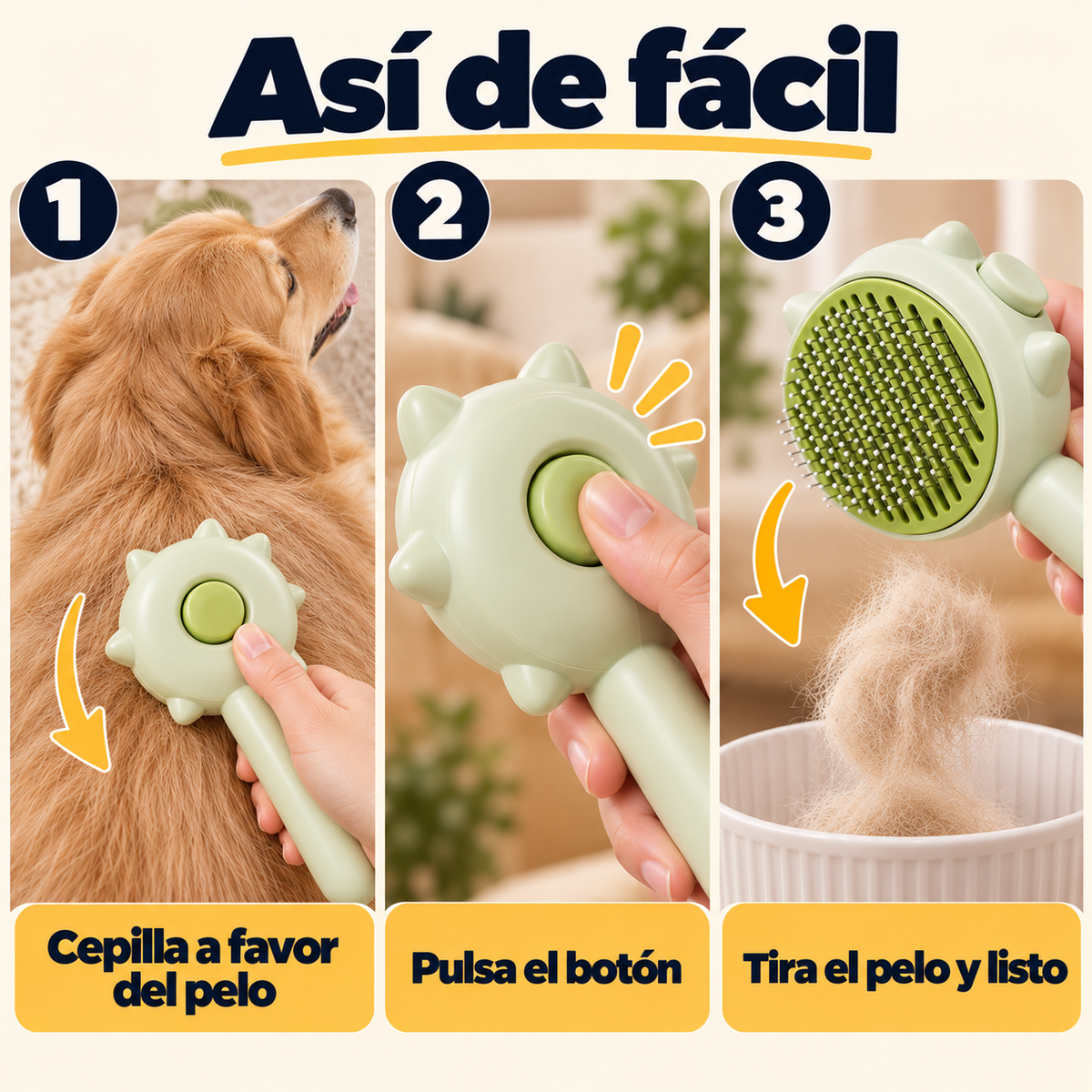 Cómo usar el cepillo quitapelos en 3 pasos: cepilla, pulsa el botón y tira el pelo