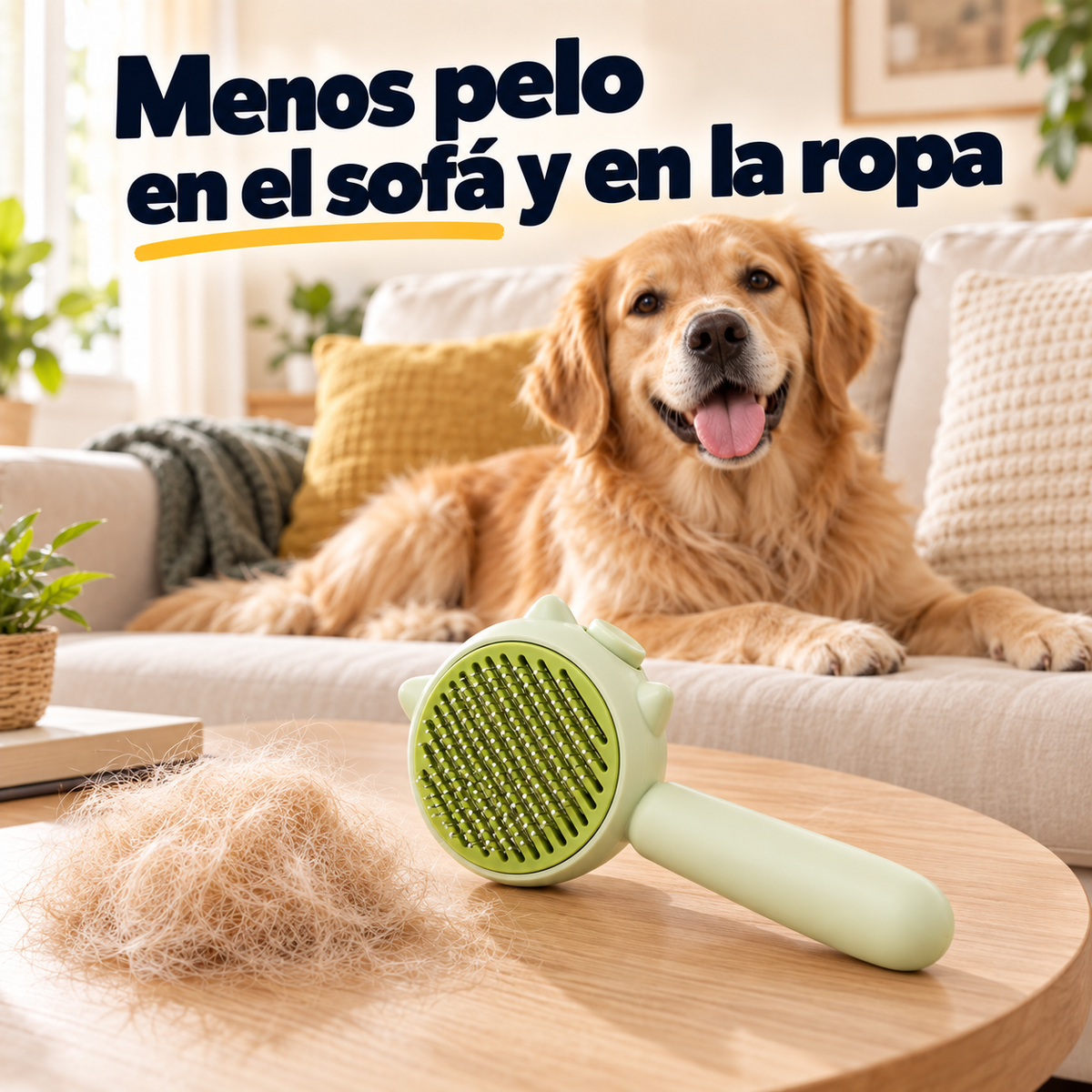 Perro en el sofá junto al cepillo quitapelos y el pelo recogido: menos pelo en casa