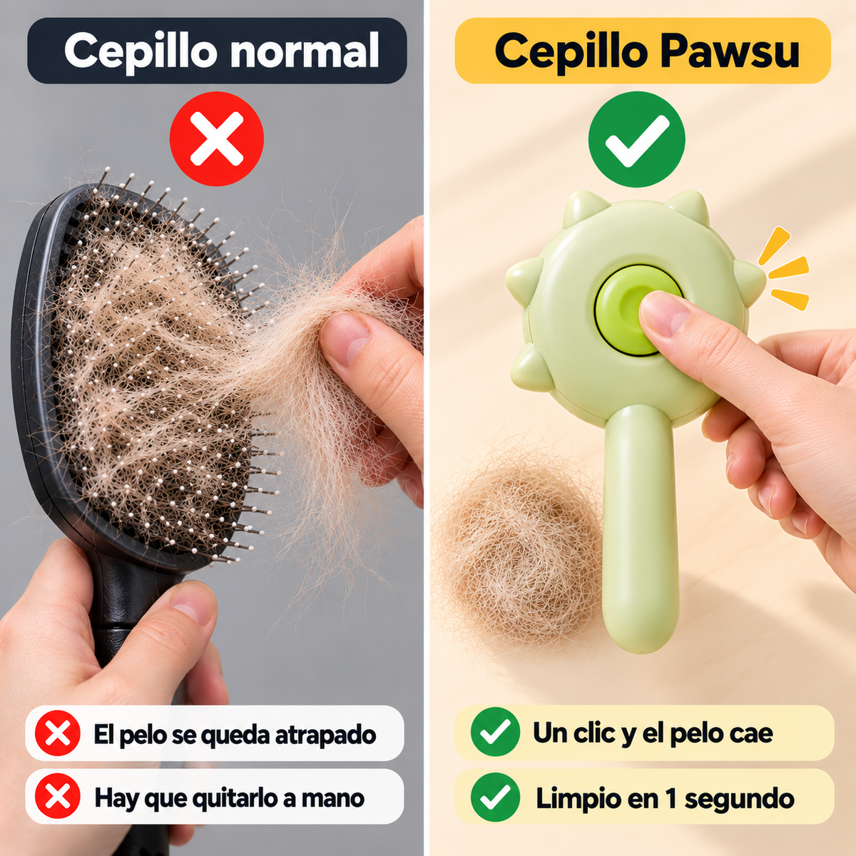 Comparativa cepillo normal frente al cepillo autolimpiable Pawsu que suelta el pelo con un clic