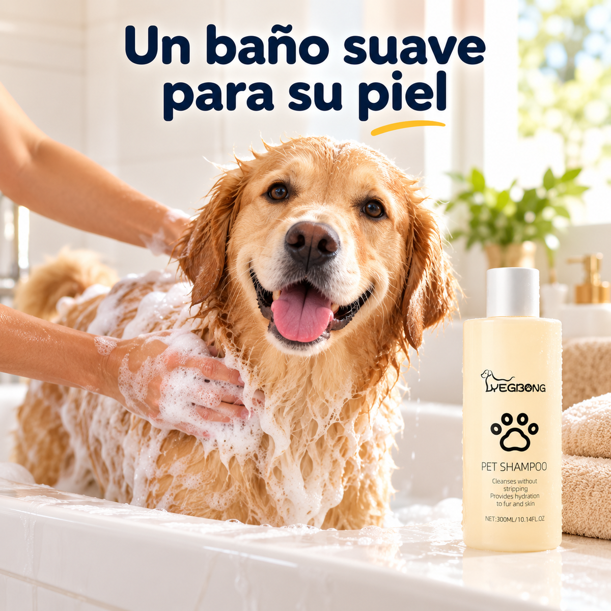 Perro en la bañera con espuma durante el baño con champú suave