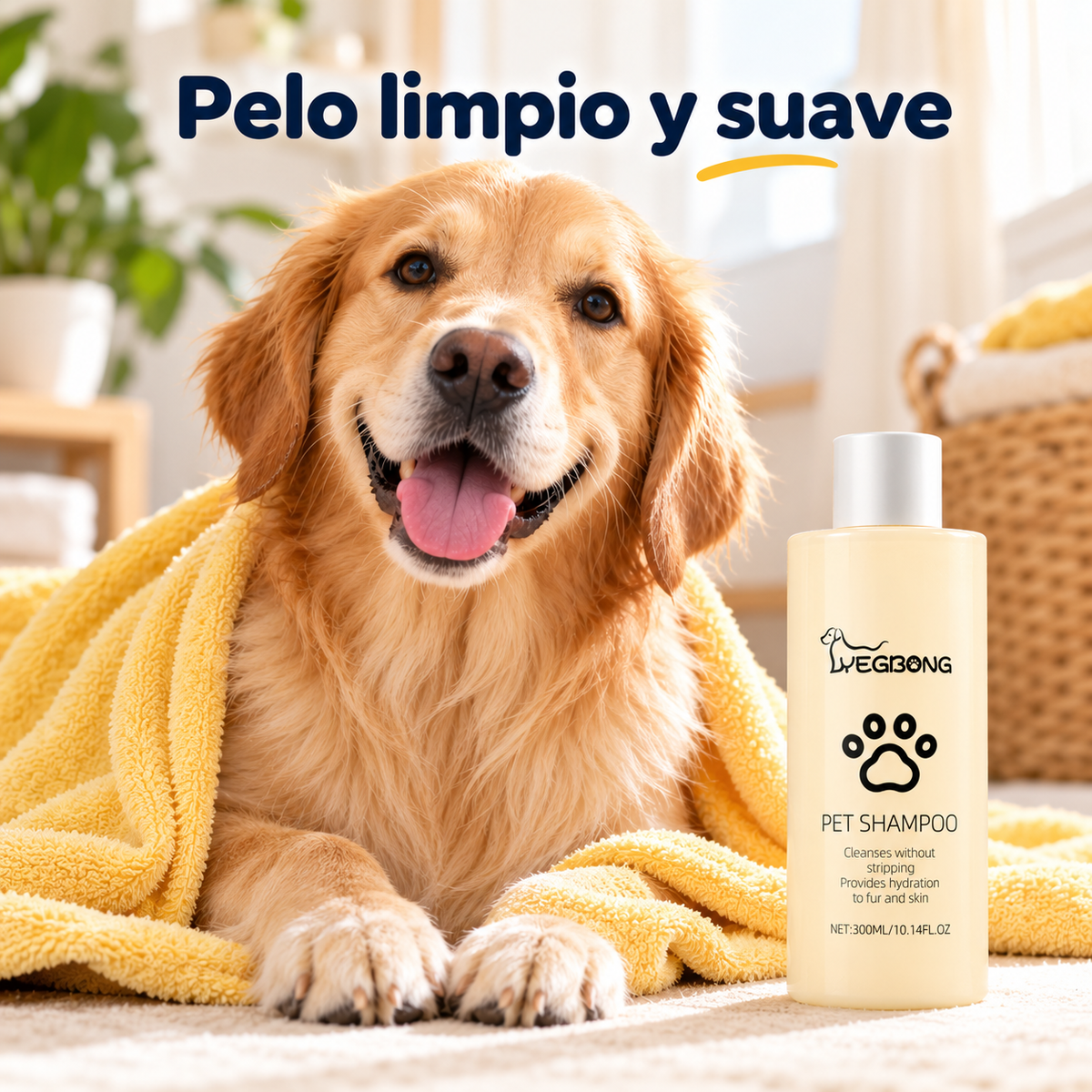 Perro con el pelo limpio y suave después del baño, envuelto en una toalla
