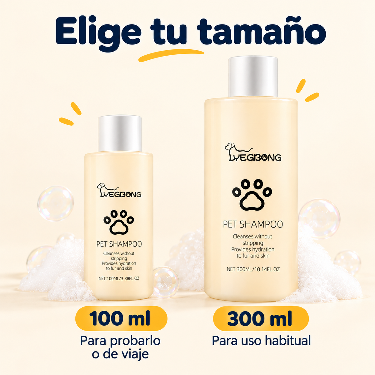 Champú para perros en dos tamaños: 100 ml para probarlo y 300 ml para uso habitual