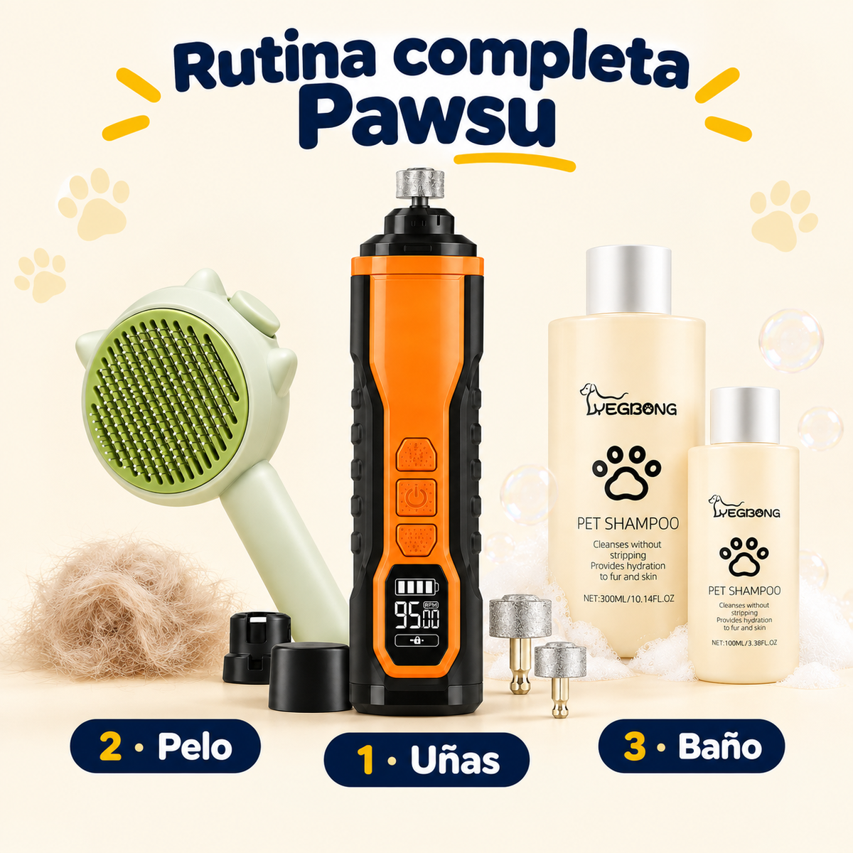 Lima de uñas, cepillo y champú Pawsu para perros y gatos